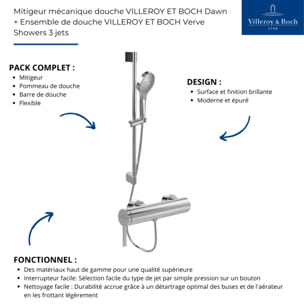 Mitigeur mécanique douche VILLEROY ET BOCH Dawn + Ensemble de douche VILLEROY ET BOCH Verve Showers 3 jets