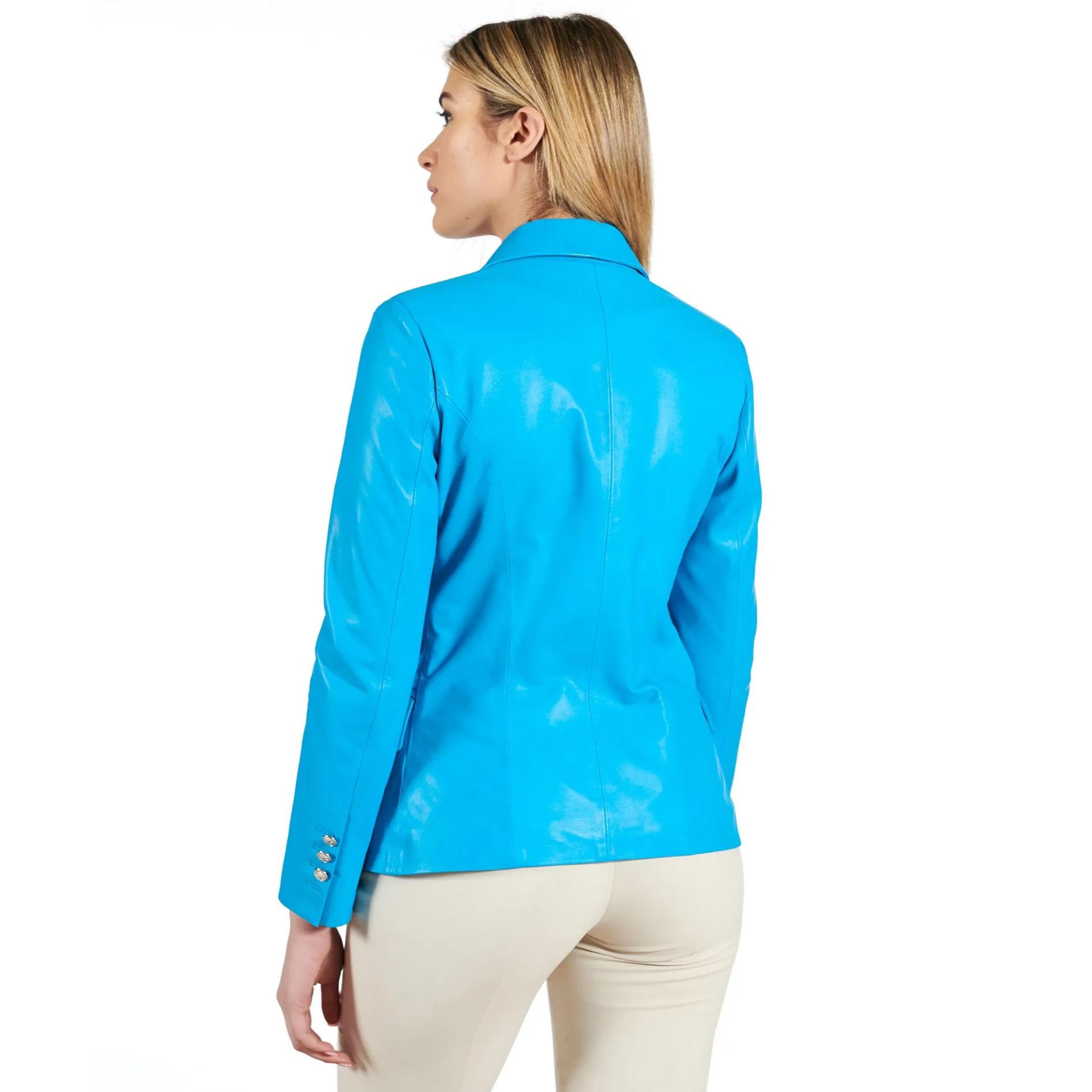 Giacca blazer doppio petto in pelle naturale azzurra