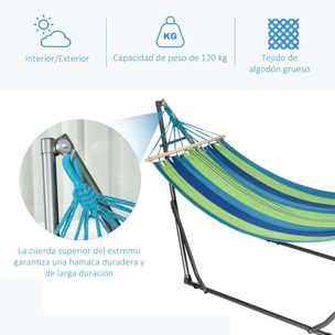Hamaca con Soporte Plegable 2 en 1, Tendedero con Barra, Estructura de Acero, Hamaca de Camping Portátil de Algodón, Carga 120 kg, para Jardín, Patio, Terraza, 270x100x94 cm, Azul y Verde