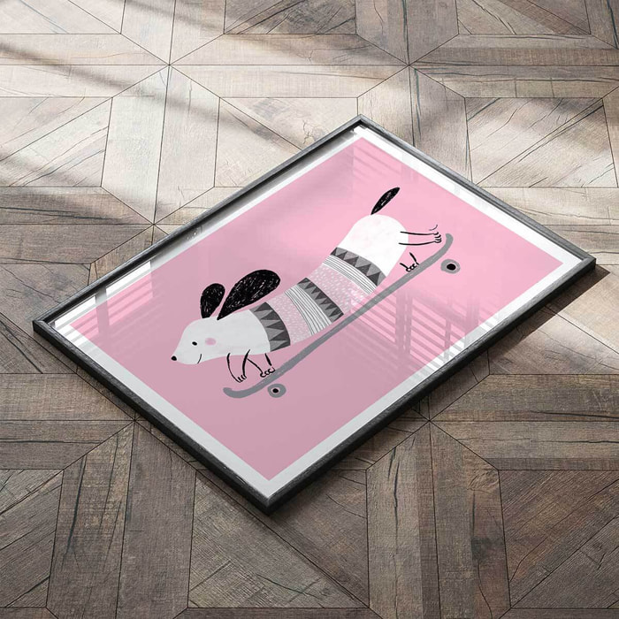 Affiche enfant chien rose  Affiche + cadre en bois - Noir