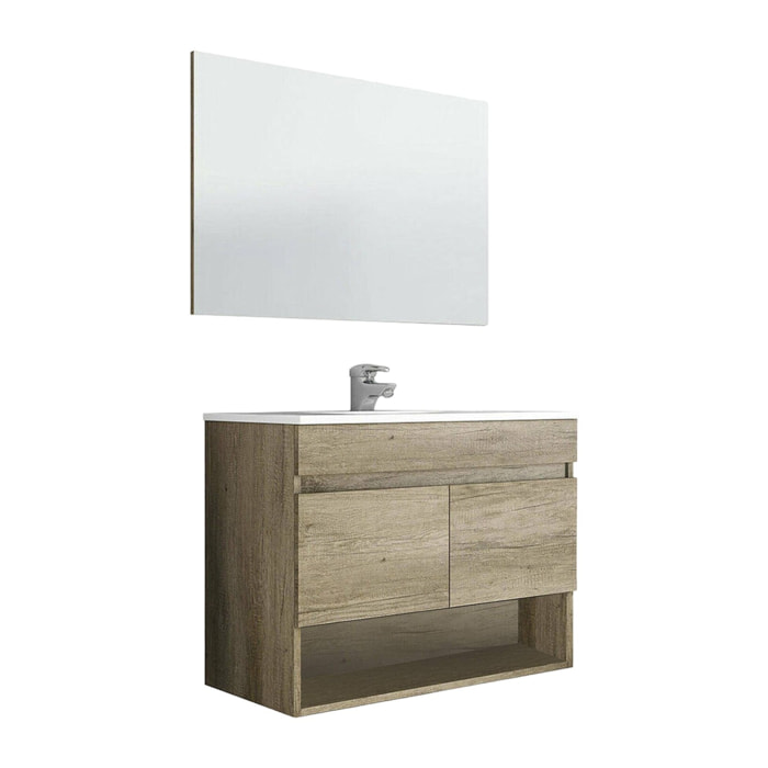 Mobile sottolavabo Enio, Mobiletto per bagno a 2 ante, Armadietto sospeso con ripiano e specchio, lavabo non incluso, 80x45h64 cm, Quercia