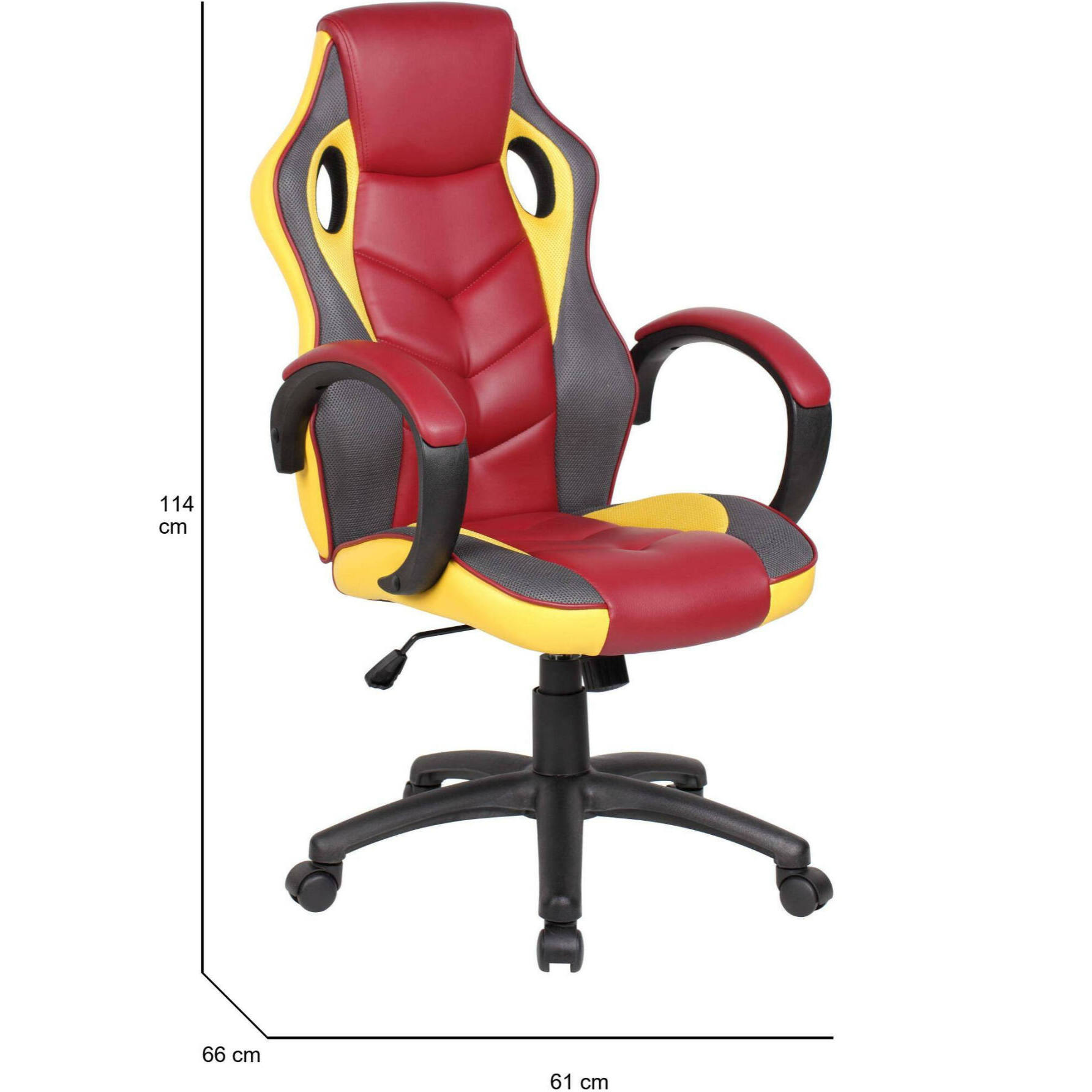 Sedia da gaming Caloundra, Poltrona da gaming adulto, Sedia da scrivania, 66x61h104/114 cm, Rosso e Giallo