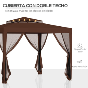 Carpa de Jardín 3x3 m Cenador Desmontable de Exterior Gazebo con 4 Mosquiteras Laterales Techo Doble y Marco Metálico Anti-UV Impermeable Pabellón para Terraza Patio Marrón