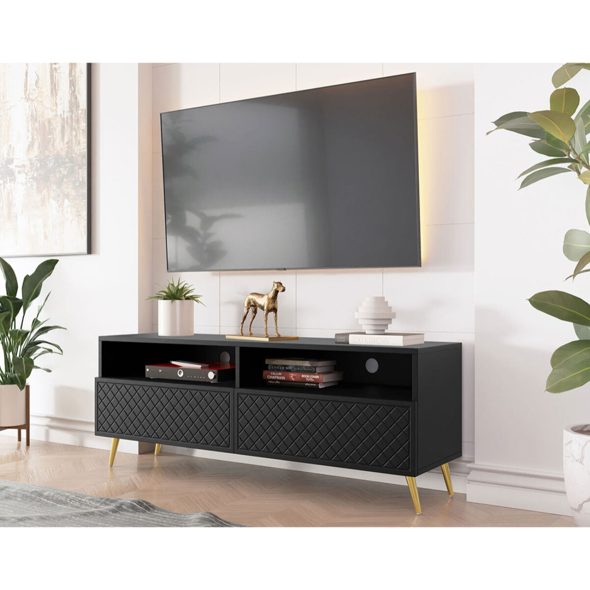 Sorolla - meuble tv - 2 tiroirs et 2 niches - 150 cm - Noir