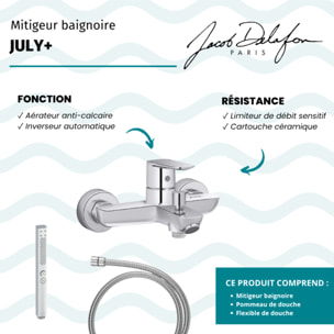 Mitigeur baignoire July+ + pommeau de douche Shift+ carré + flexible de douche métal