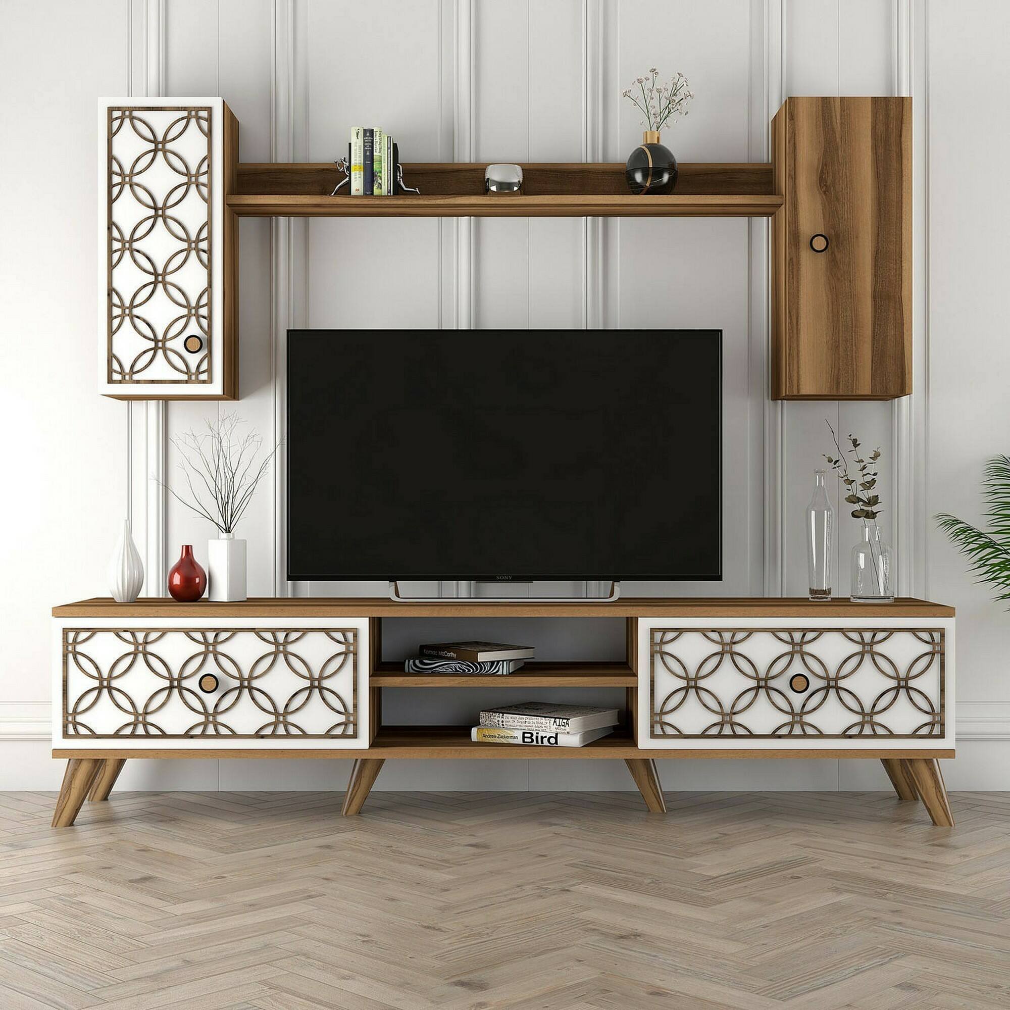 Mobile porta TV Dpinzaut, Credenza da soggiorno, Armadio basso per TV, Base parete attrezzata, 180x35h44 cm, Noce e Bianco