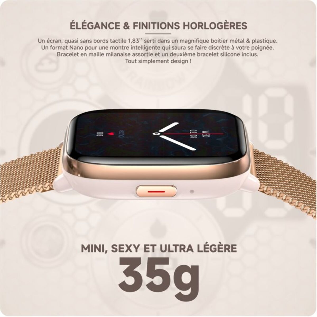 Montre connectée ECHO Rainbow Nano Or Rose Silicone + Milanais