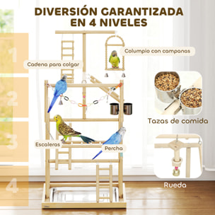 Parque de Juegos para Pájaros, Soporte de Madera para Pájaros con Escaleras, Columpio, Juguete de Cadena, Bandeja, Comederos, para Periquitos, Cacatúas, Cotorras, Agapornis, 48x38x95 cm