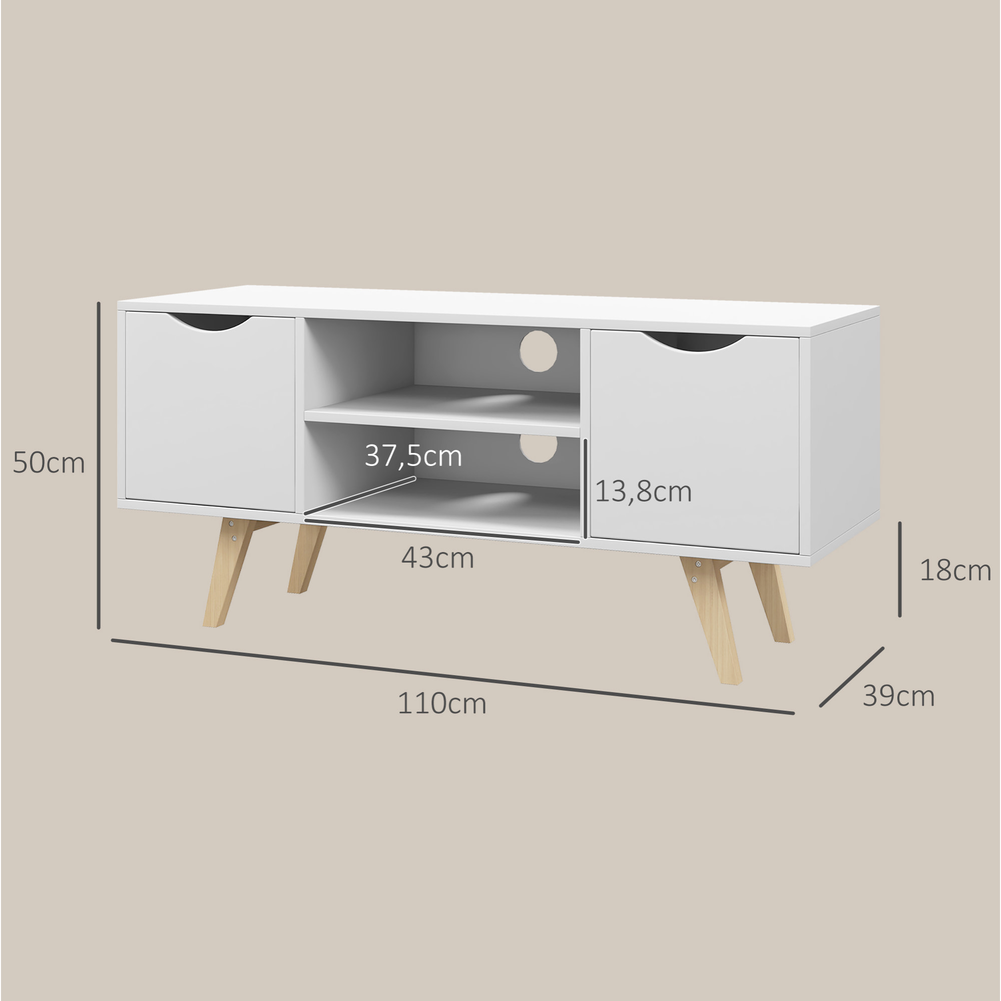 Mueble de TV Moderno Mueble para Televisores de 50 Pulgadas Mesa de TV para Salón con 2 Puertas 2 Estantes Abiertos y Patas de Madera 110x39x50 cm Blanco