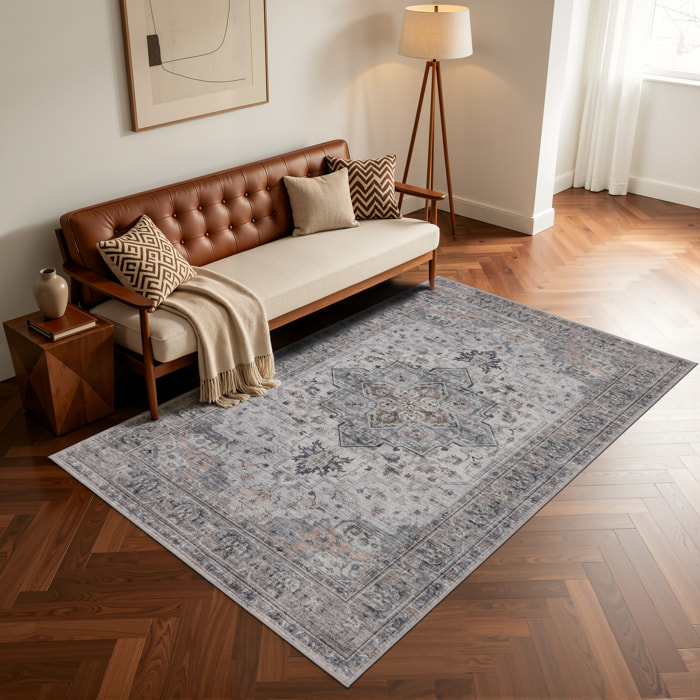 INKA - Tapis beige à poils courts doux à motif oriental vintage