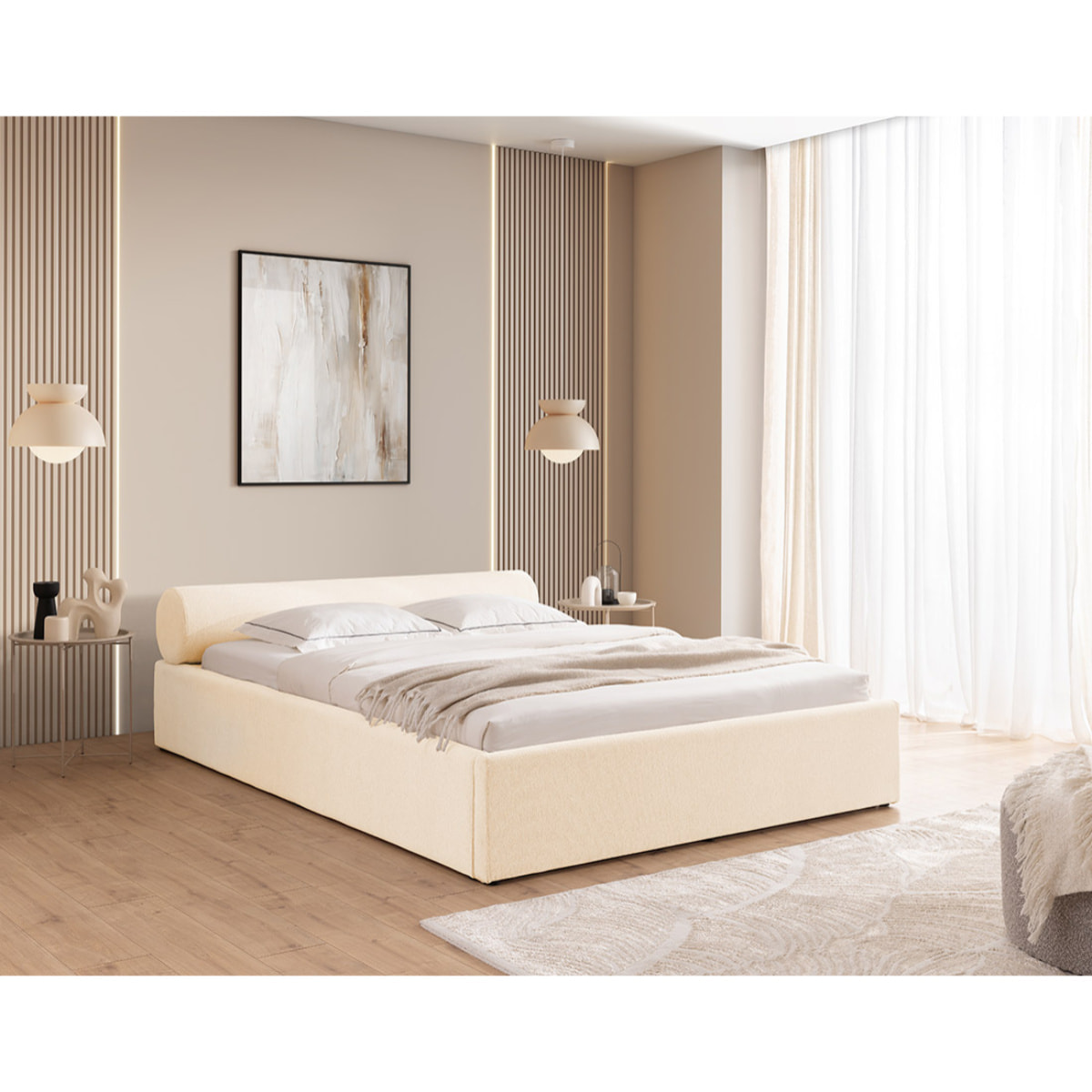 Billy - lit coffre - 160x200 cm - en tissu texturé - sommier inclus - Beige