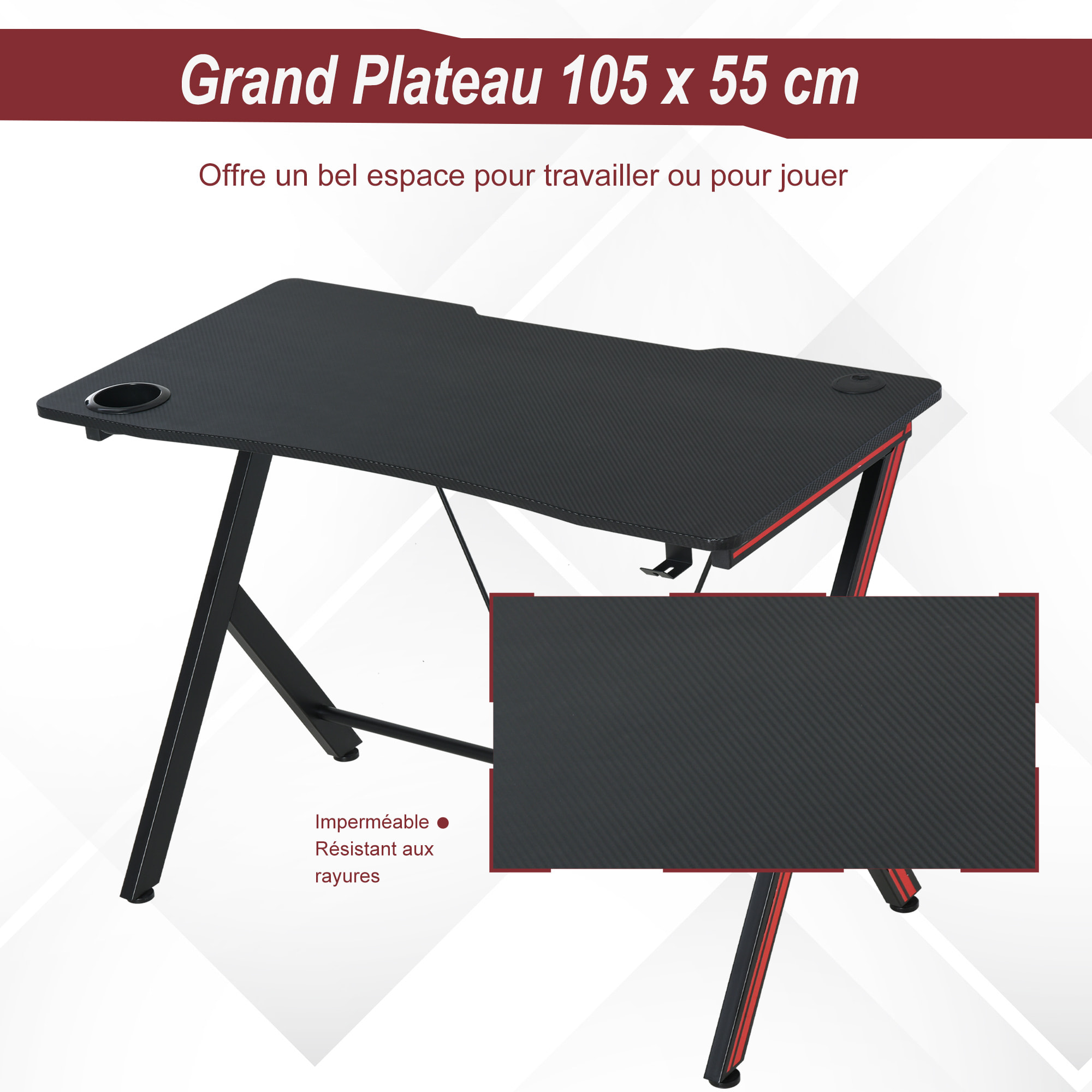 HOMCOM Bureau Gaming Table Bureau pour Ordinateur de Jeu avec Crochet et Porte-Gobelet Patins Réglables 105 x 55 x 75 cm Noir et Rouge