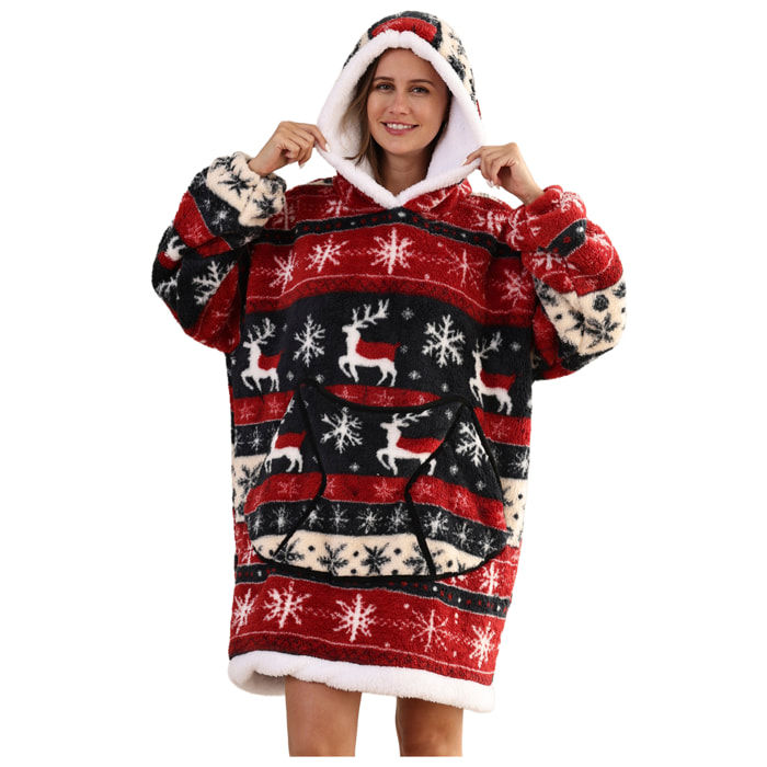 Bata estilo sudadera y manta de felpa extrasuave. Triple bolsillo frontal tipo canguro. Diseño reno navideño tipo corto.