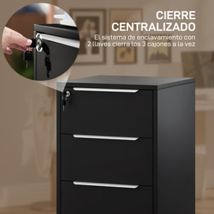 Cajonera de Escritorio con 3 Cajones, Cajonera de Oficina con Ruedas, Cerradura y 2 Llaves, Archivador Móvil para Estudio, Salón, 40x40x63,5 cm, Negro