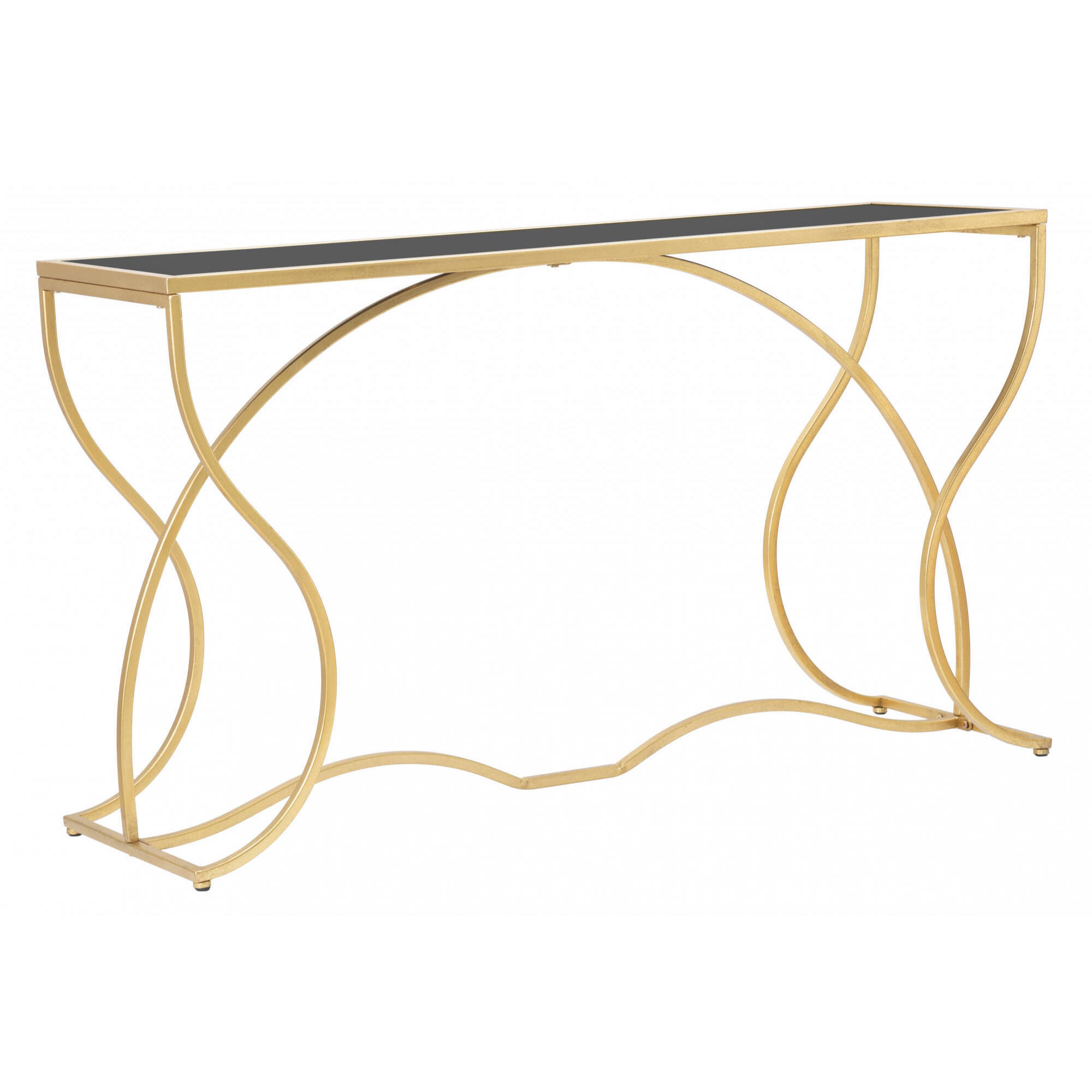 Console elegante, struttura in metallo dorato, con ripiano in vetro temprato, colore oro, Misure 40 x 75 x 130 cm