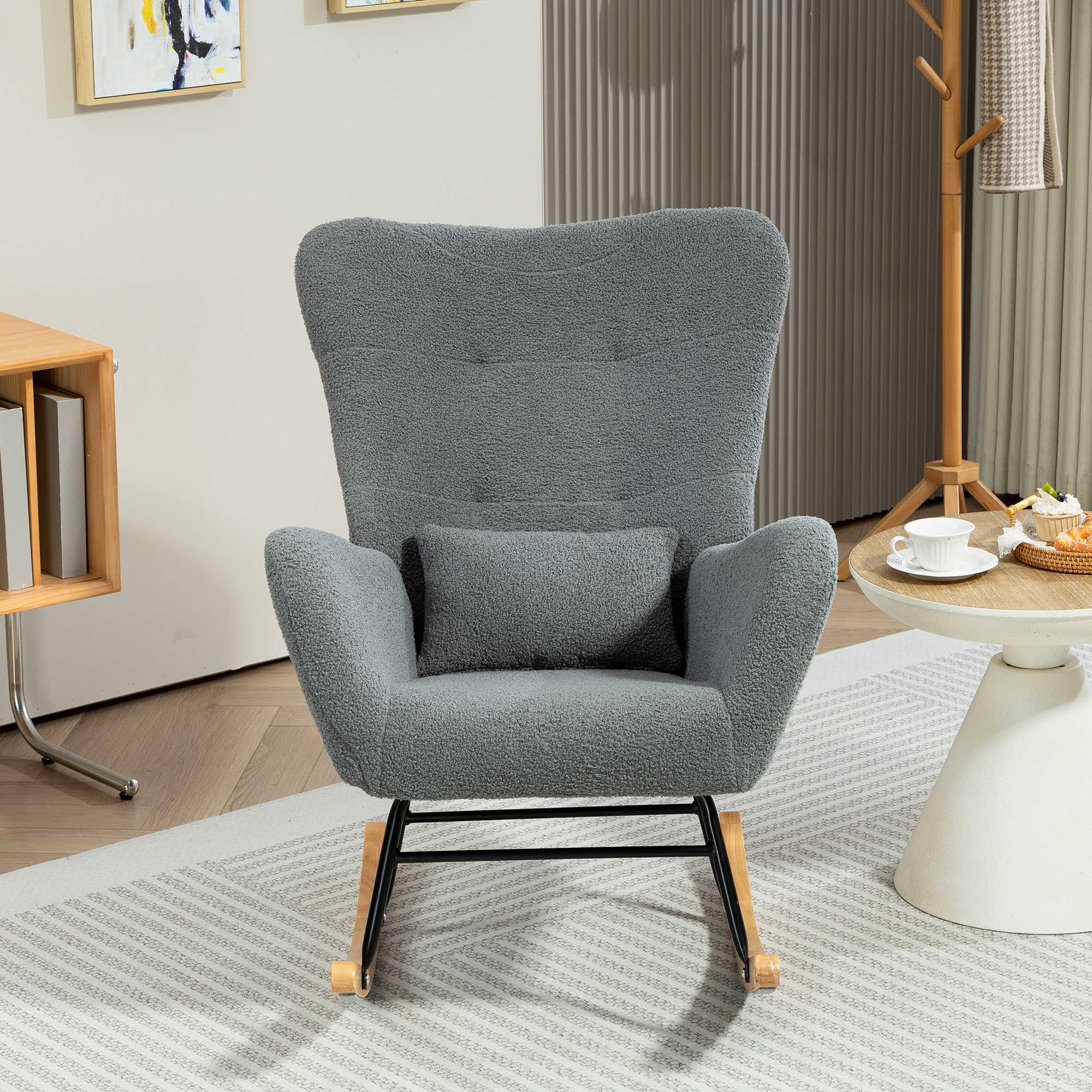 Mecedora de Borreguito Mecedora para Lactancia con Respaldo Acolchado Almohada y Base de Madera de Caucho Carga 120 kg Silla Mecedora para Salón Dormitorio Gris