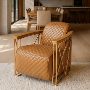 Fauteuil cuir noisette matelassé et structure inox cuivré ENNIO