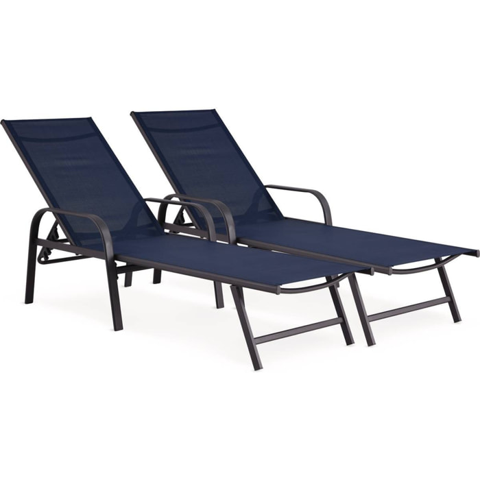 Lot de 2 Bains de soleil en métal avec accoudoirs "Farniente" - Bleu nuit