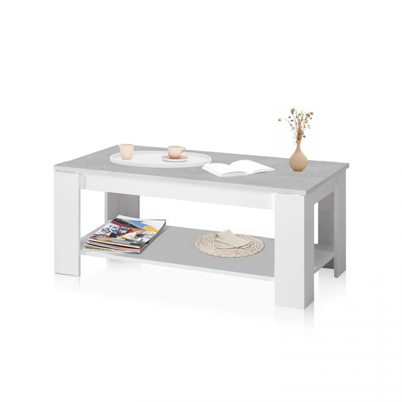Mesa de centro elevable con almacenaje en blanco mate y gris cemento 120x43-54 cm Lya Blanco Artik (Blanco Mate) - Gris Cemento