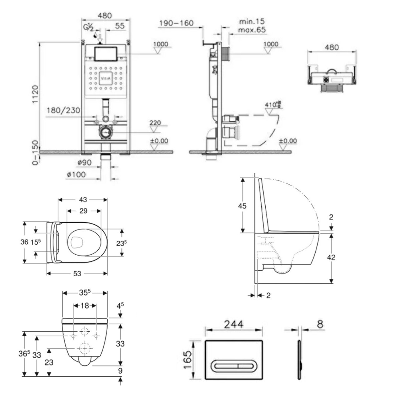 Pack WC Bâti-support autoportant V-Fix Core + WC sans bride Geberit iCon + Abattant SoftClose + Plaque noire mat (VFTFICON-6)