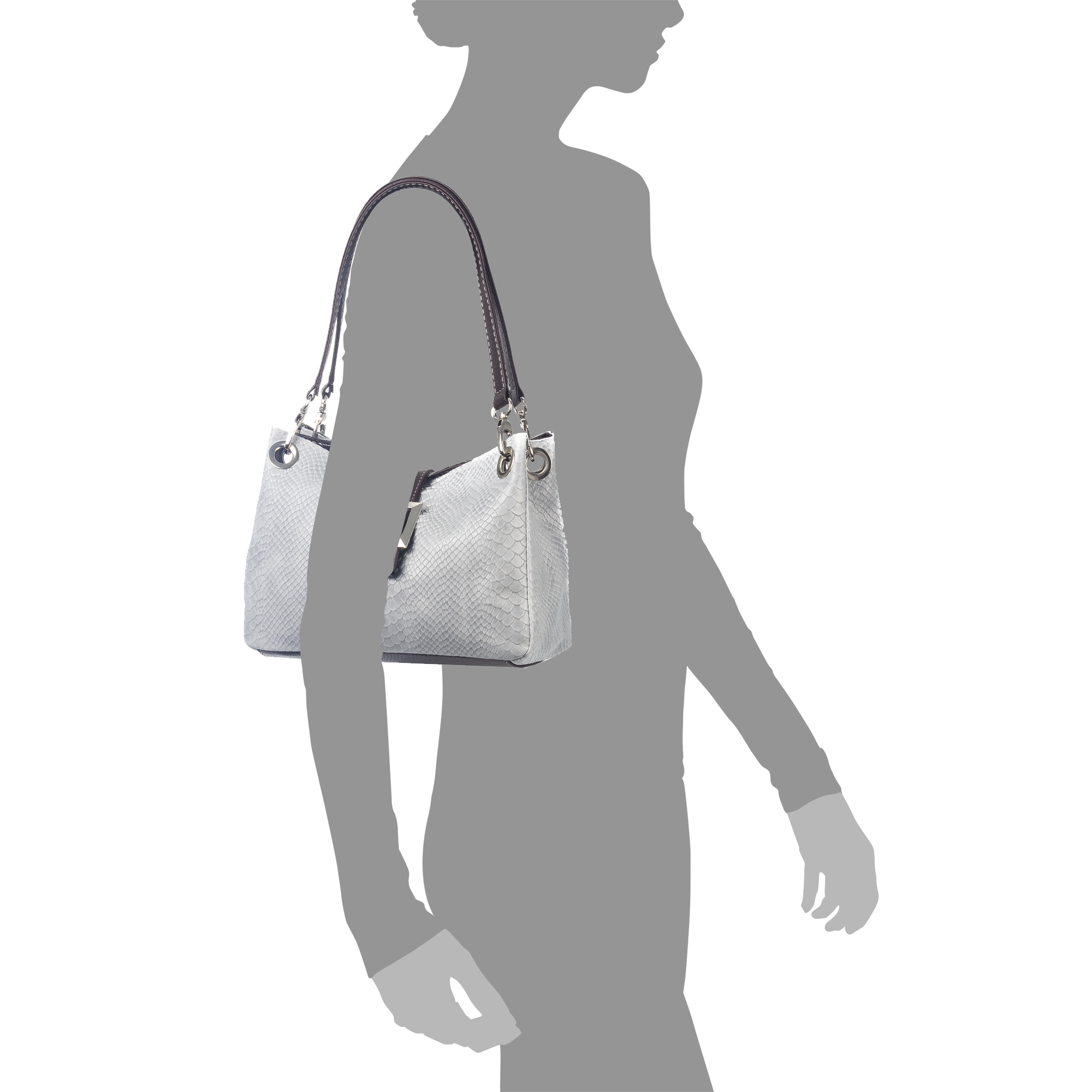 FIRENZE ARTEGIANI Anzio Borsa a Spalla da Donna. Vera Pelle Scamosciata Incisione Serpente Made in Italy 28x12x17 Cm. Grigio