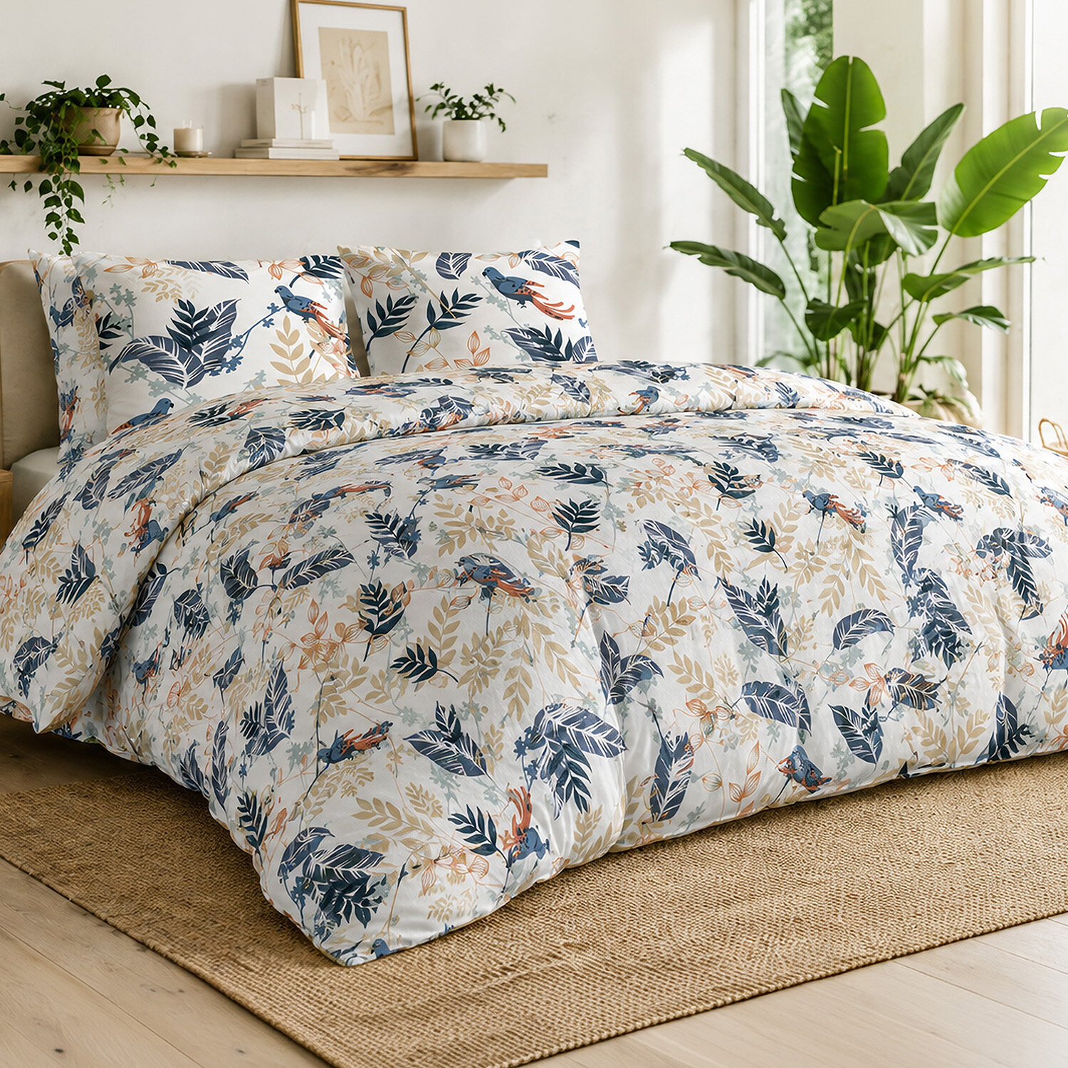 Parure housse de couette 100% percale de coton motif topical feuillage et oiseaux - Oizel