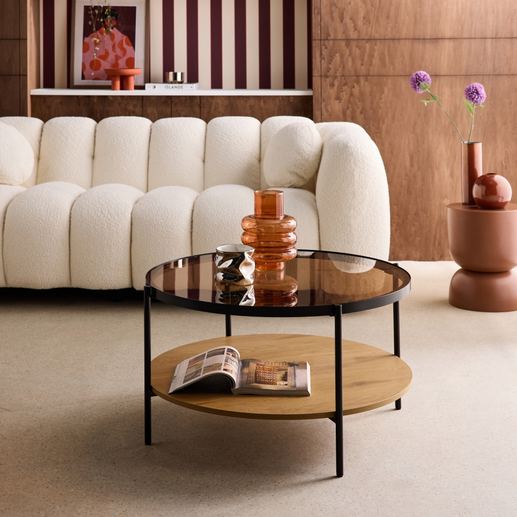 Table basse ronde double plateau verre, décor bois et métal SMOOKY