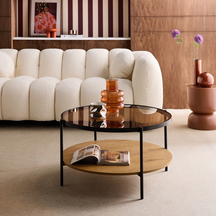 Table basse ronde double plateau verre, décor bois et métal SMOOKY
