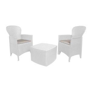 Set salotto da esterno Napoli, Set da giardino con 2 poltrone ed 1 tavolino contenitore, Salottino effetto rattan, 100% Made in Italy, Bianco