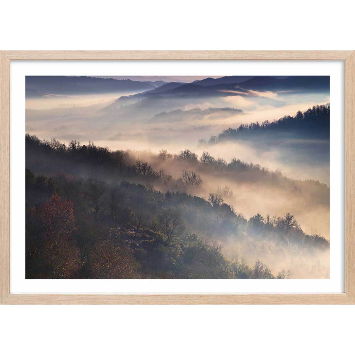 Affiche paysage brume magique Affiche + cadre en bois - Chêne