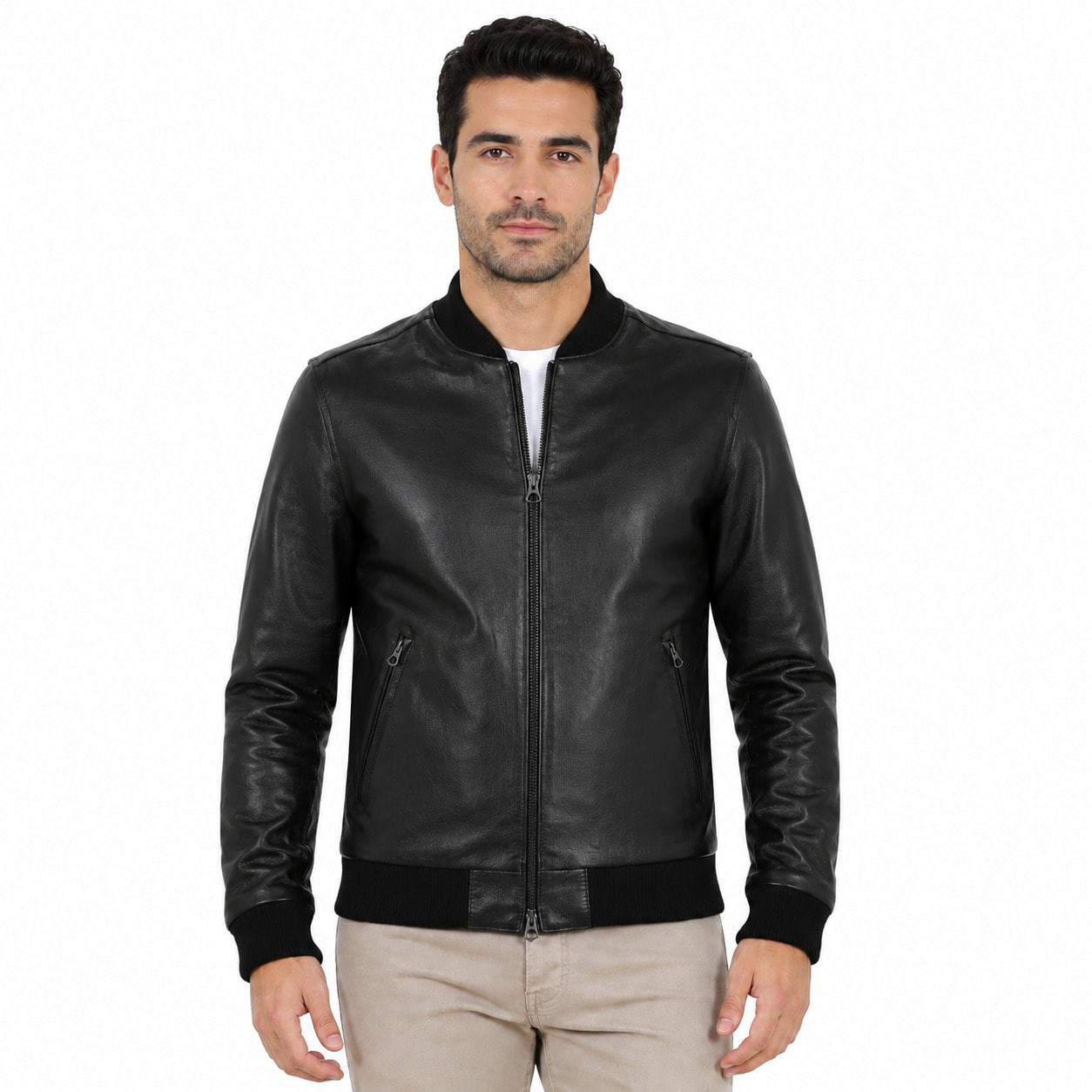 Giubbino in vera pelle di vitello Nero-Slim Fit