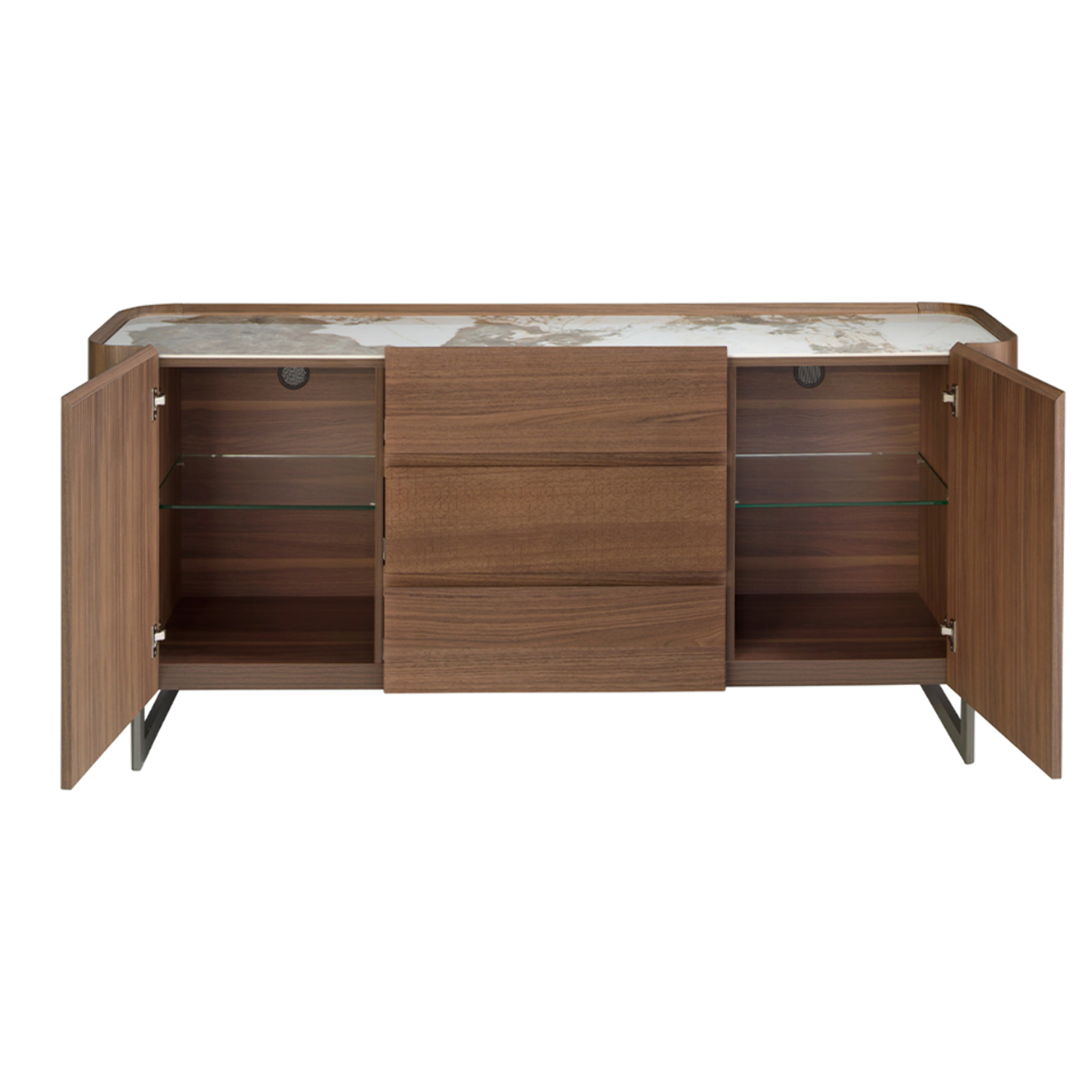 Aparador de madera chapada en nogal natural y patas de acero inoxidable oscuro metalizado 180x45x80cm