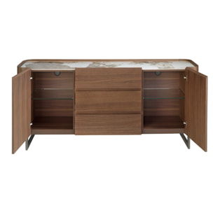 Aparador de madera chapada en nogal natural y patas de acero inoxidable oscuro metalizado 180x45x80cm
