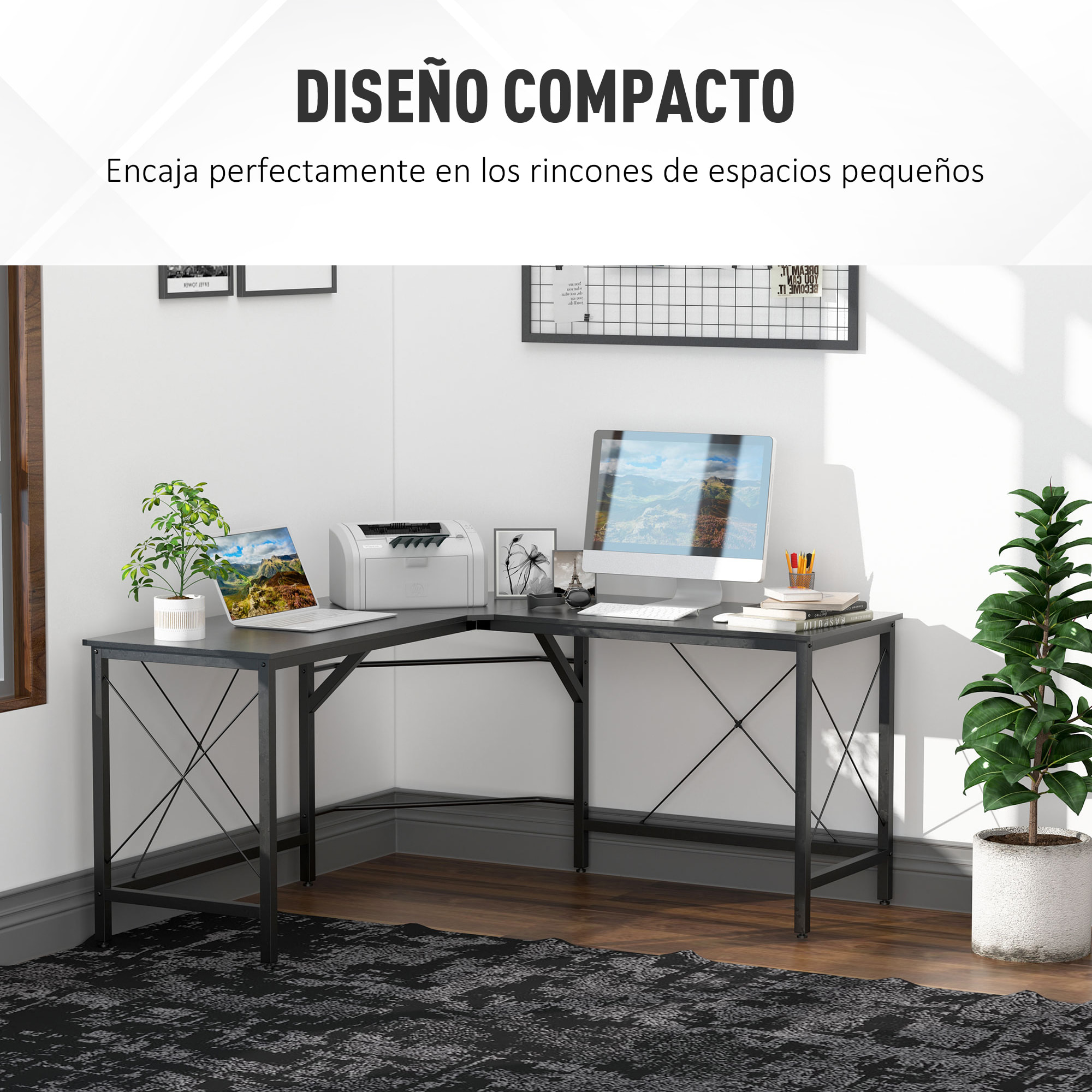 Mesa de Ordenador PC Esquinera de Forma L 150x150x76cm Negro