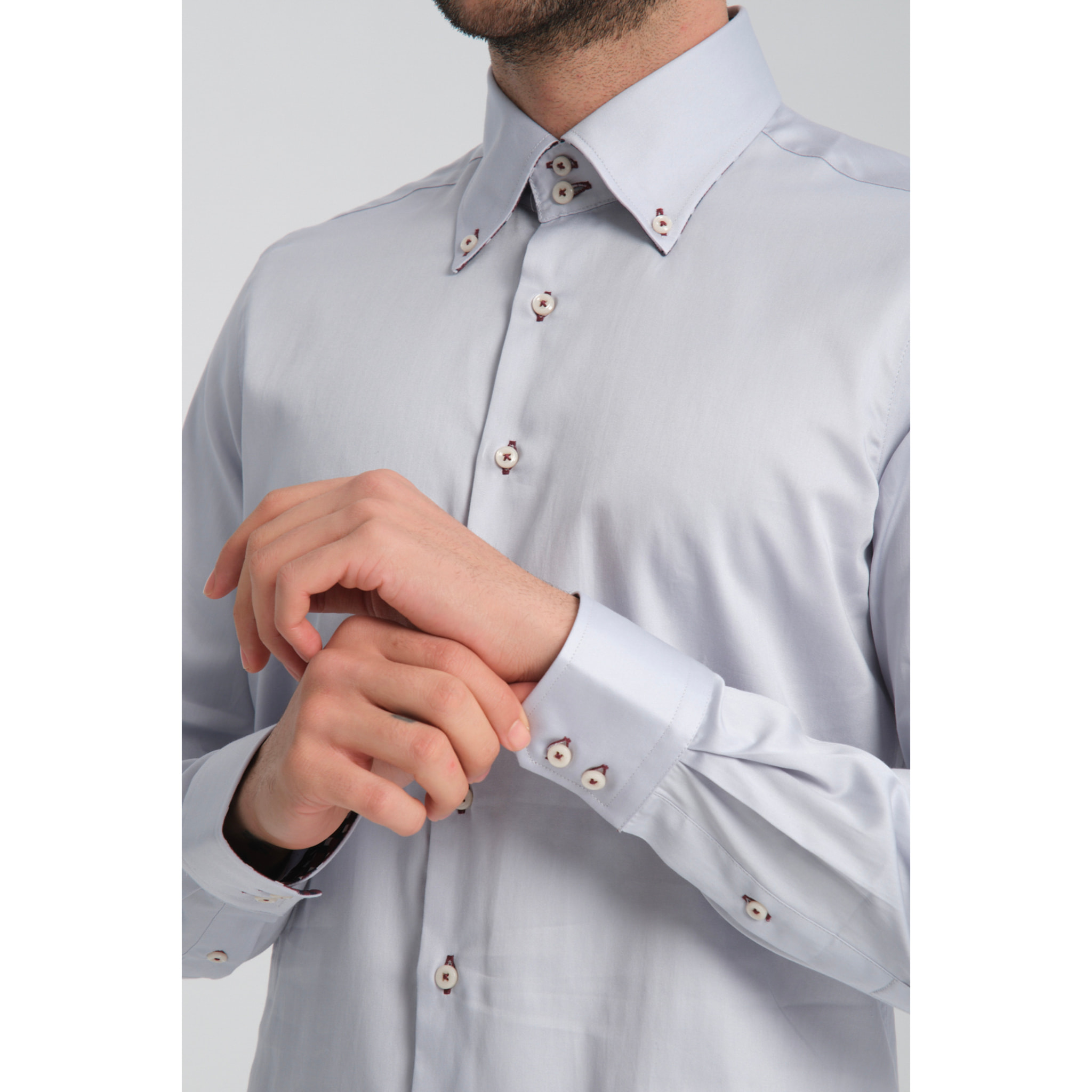 Camicia Uomo 2 Bottoni Button Down Slim Satin Unito Grigio
