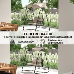Columpio de Jardín de 2 Plazas Balancín de Jardín Exterior con Toldo Retráctil Cojines y Estructura de Acero con Ratán PE Anti-UV para Balcón Terraza Patio Carga 240 kg 149x121x180 cm Caqui