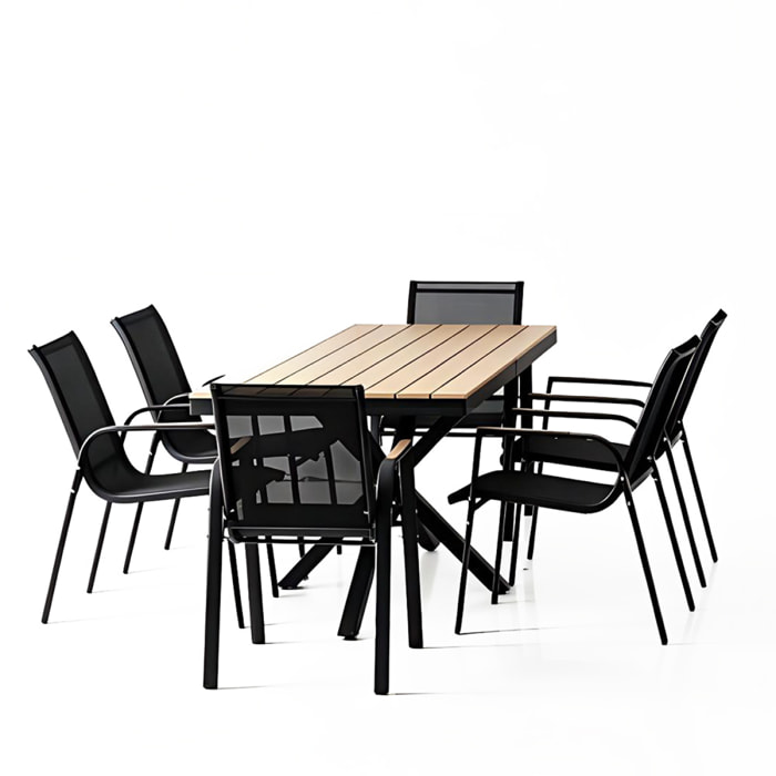 Ensemble de jardin table 190cm effet bois + 6 fauteuils SODRE