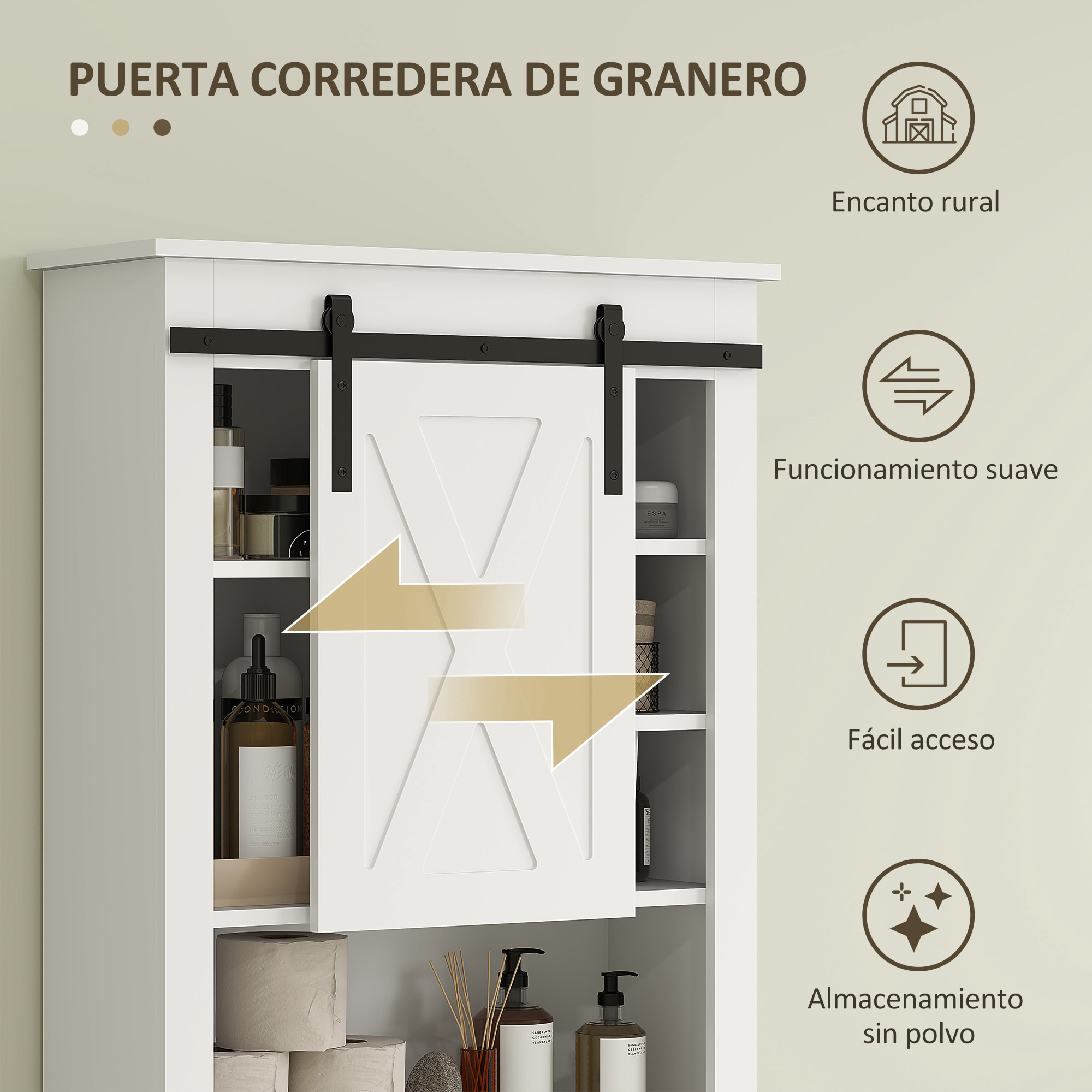 Mueble sobre Inodoro Armario sobre Inodoro con Puerta Corredera de Granero y 6 Compartimentos Mueble de Baño Rústico 67x25x172 cm Blanco