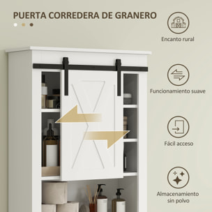 Mueble sobre Inodoro Armario sobre Inodoro con Puerta Corredera de Granero y 6 Compartimentos Mueble de Baño Rústico 67x25x172 cm Blanco