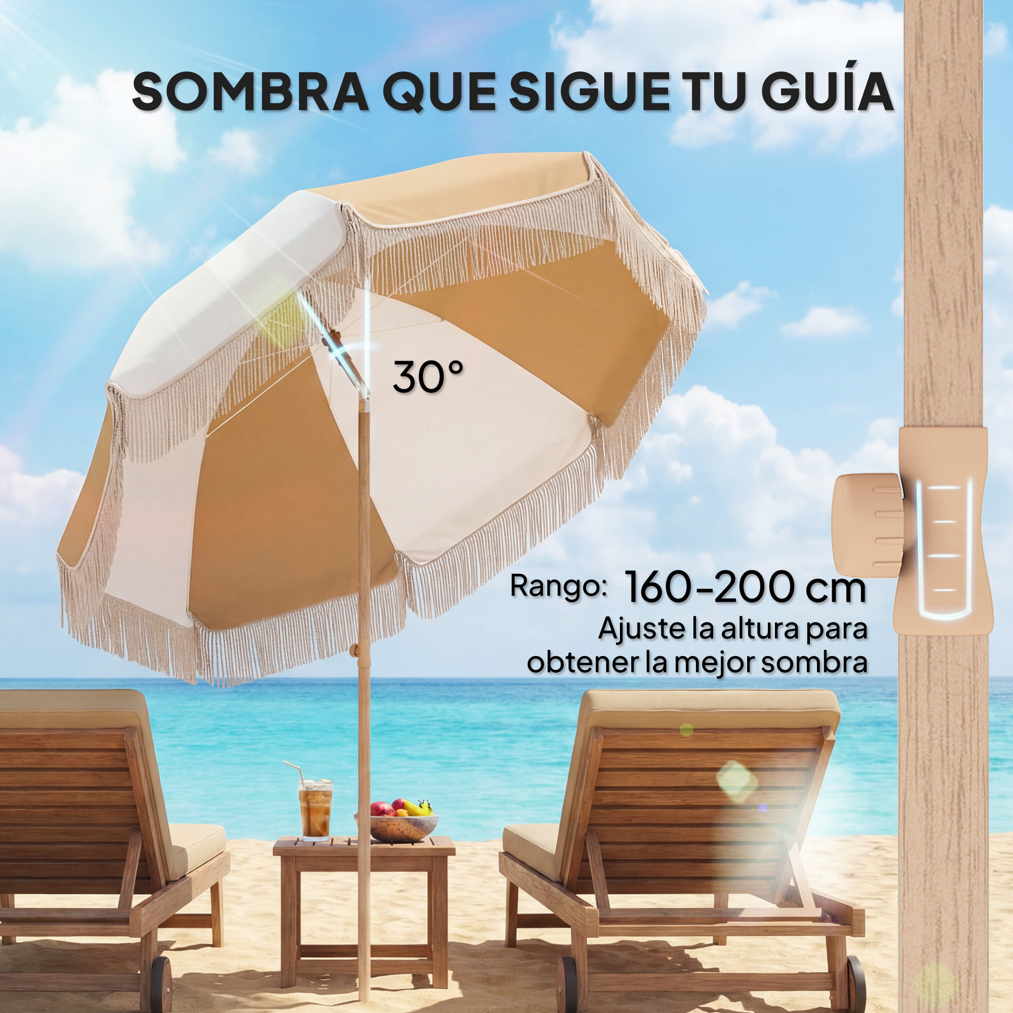 Sombrilla de Playa con Flecos Ø175 cm, Sombrilla de Terraza Exterior con Altura Ajustable, Inclinación 30°, Anclaje Arena, UPF30+ y Bolsa de Transporte, Blanco y Beige