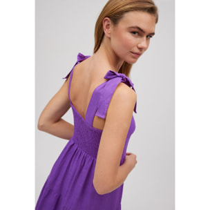 Abito midi in lino con spalline larghe viola