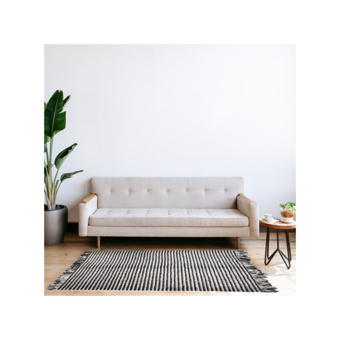 Tapis 140x200 cm en tissu texturé pompons avec franges bicolores - MARINE