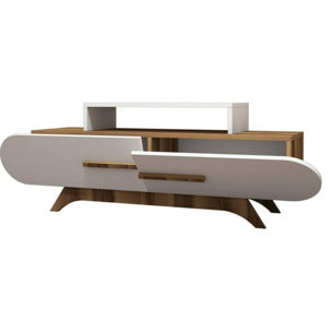 Mobile porta TV Dkastano, Credenza da soggiorno, Armadio basso per TV, Base parete attrezzata, 145x37h50 cm, Noce e Bianco