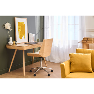 Chaise de bureau à roulettes design blanc, bois clair et acier chromé MELKIOR