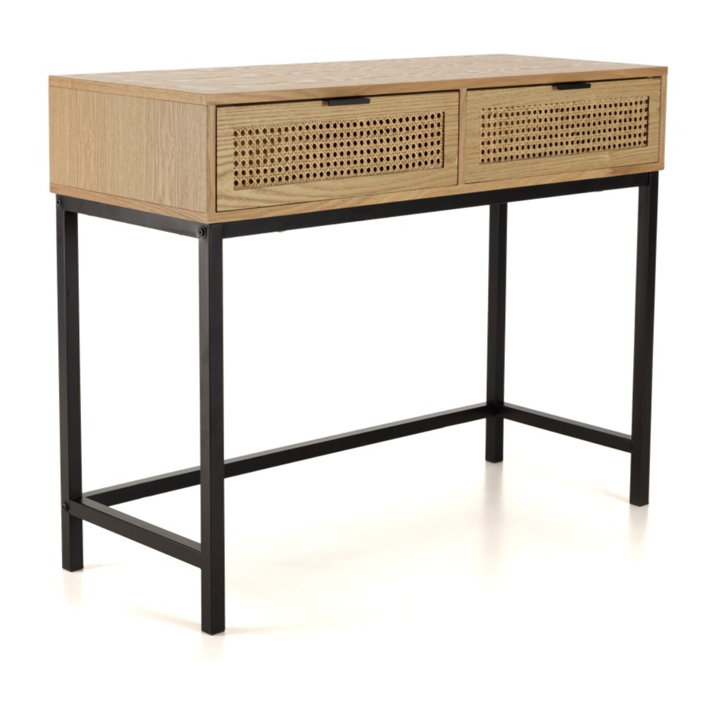 MARCEAU - Console 2 tiroirs cannage naturel pieds métal noir