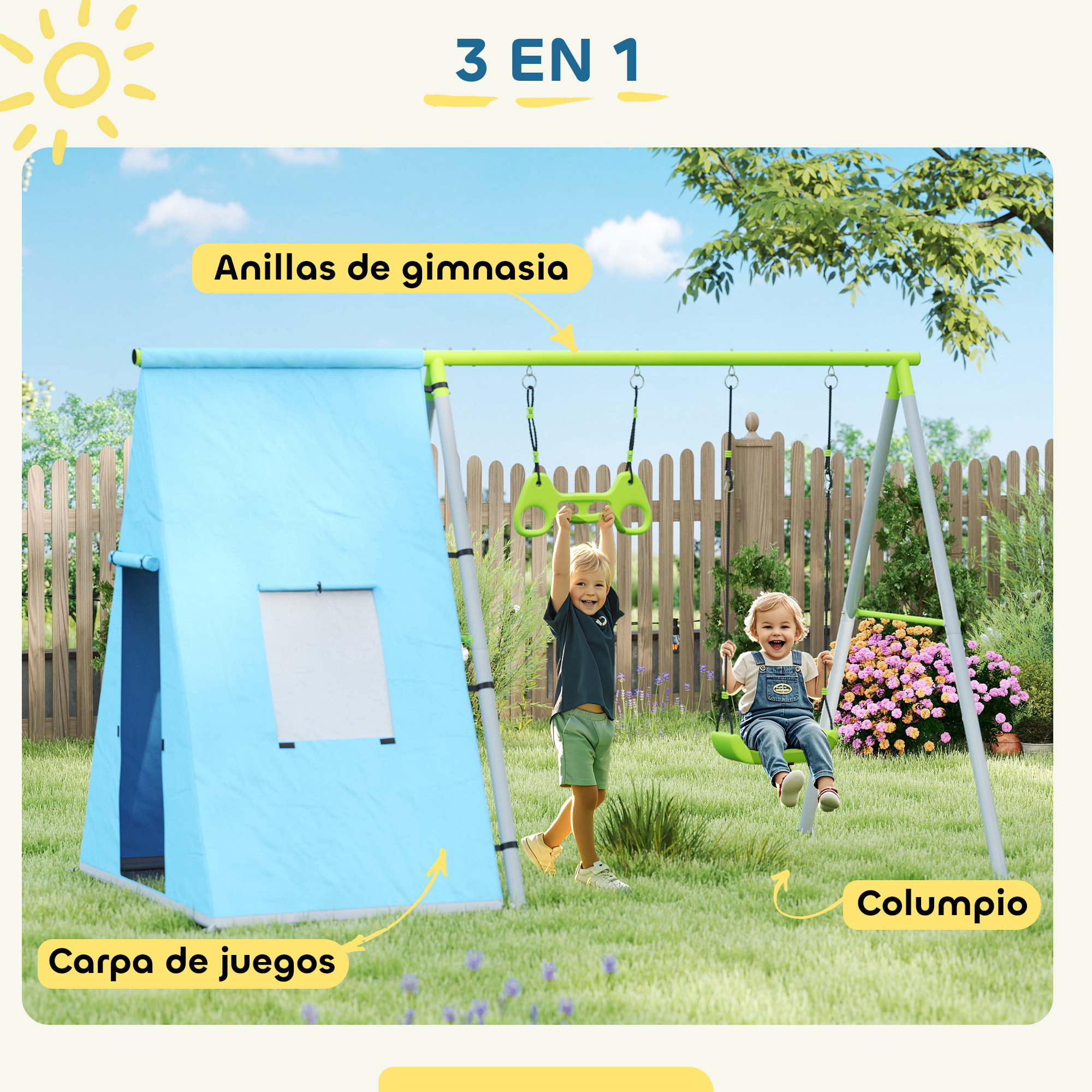 Columpio para Niños de +3 Años 3 en 1 Columpio Jardín Exterior con Columpio Anillas de Gimnasia y Tienda Estructura Metálica Verde