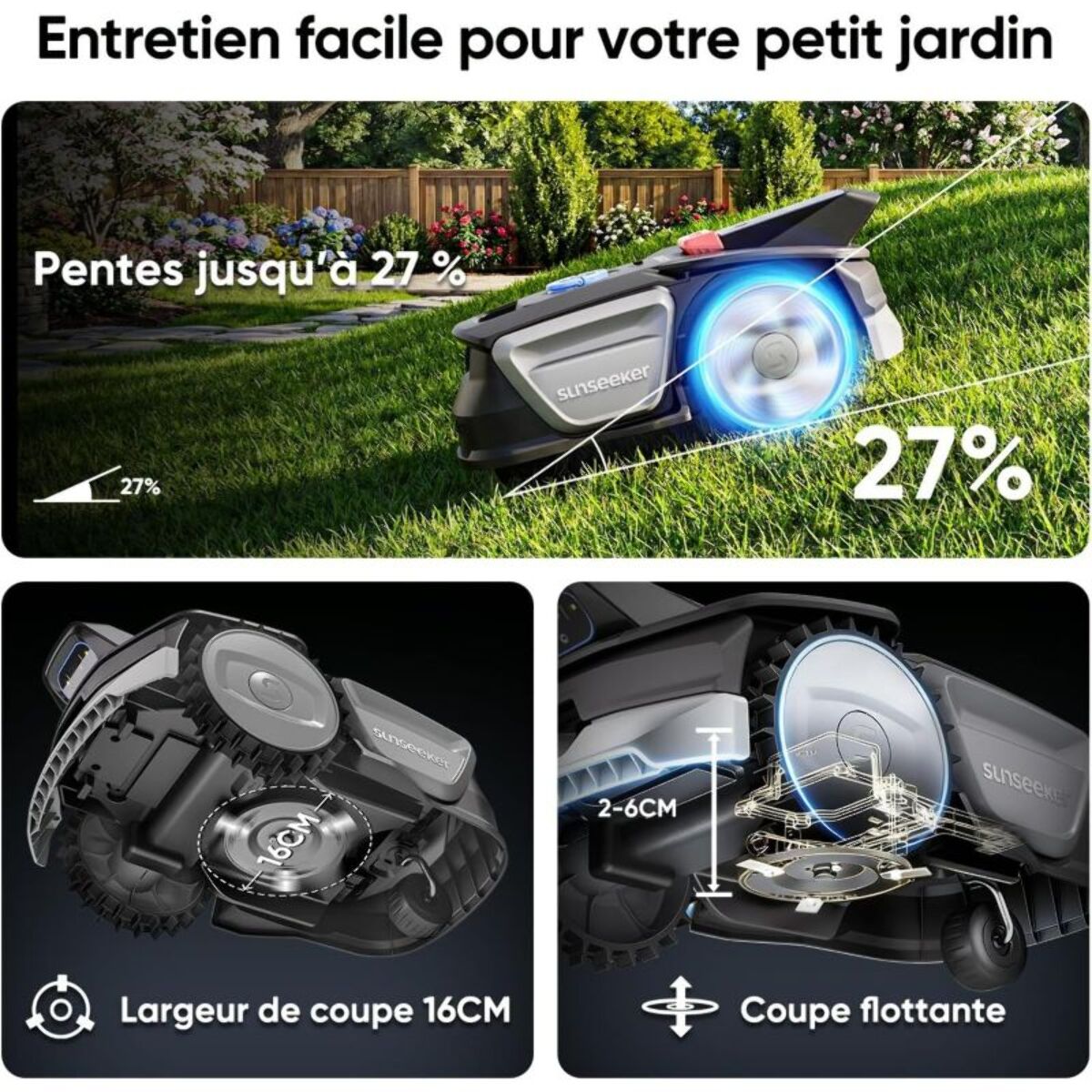 Robot tondeuse SUNSEEKER V1 sans fil périphérique, 300m² de superficie, garage, idéal petit jardin