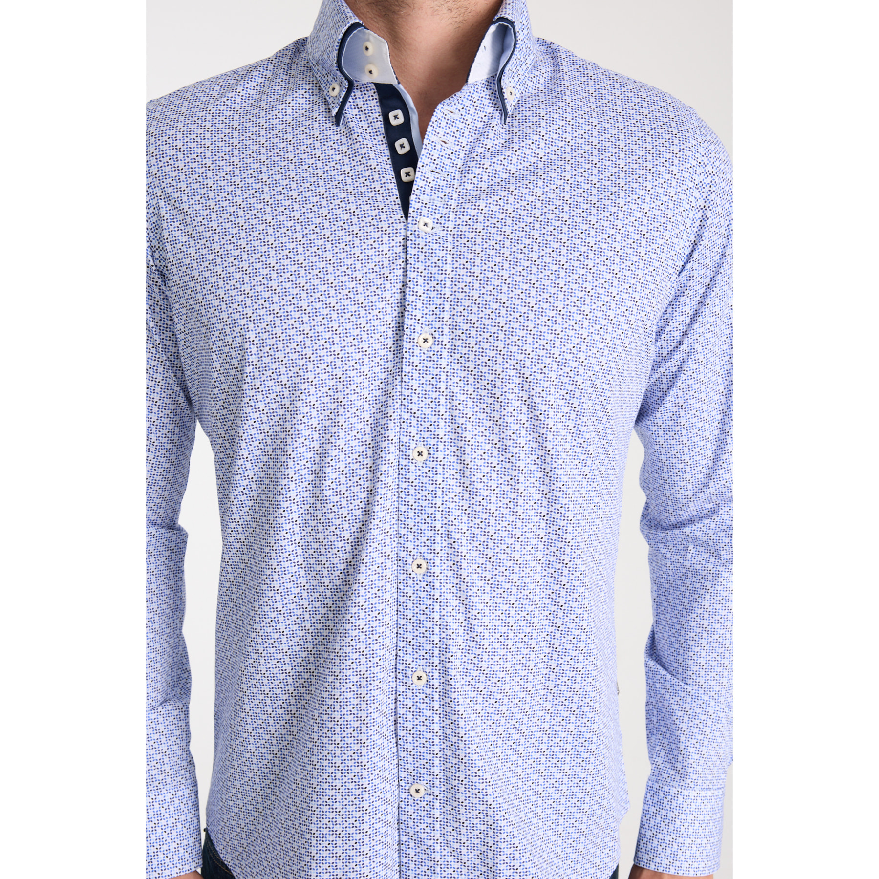 Camicia Uomo 2 Bottoni Button Down 7bottoni Doppio Coll Popeline Stretch Stampato Bianco/Celeste