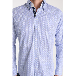 Camicia Uomo 2 Bottoni Button Down 7bottoni Doppio Coll Popeline Stretch Stampato Bianco/Celeste