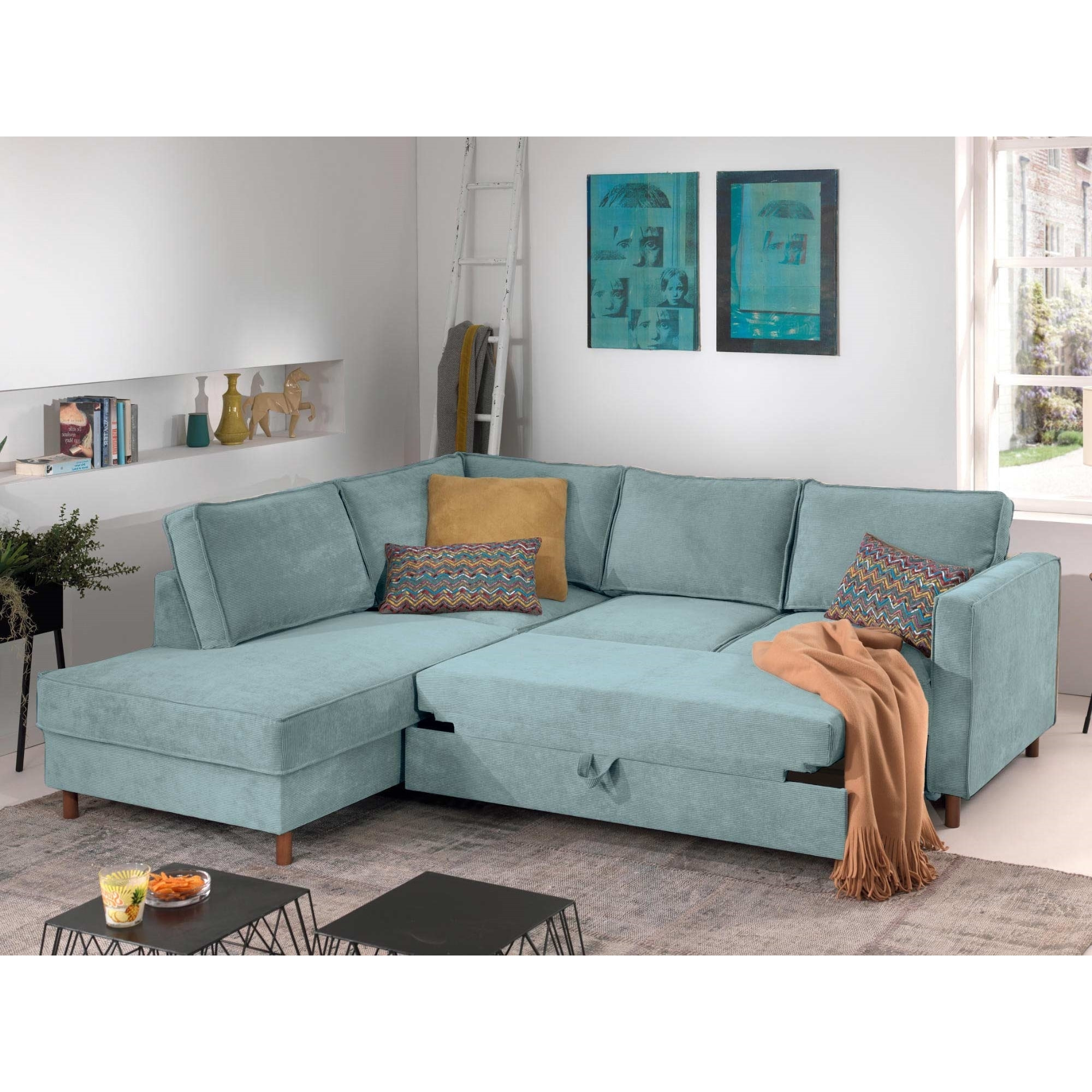 Jake - canapé d'angle gauche - convertible - 5 places - en velours côtelé - Bleu